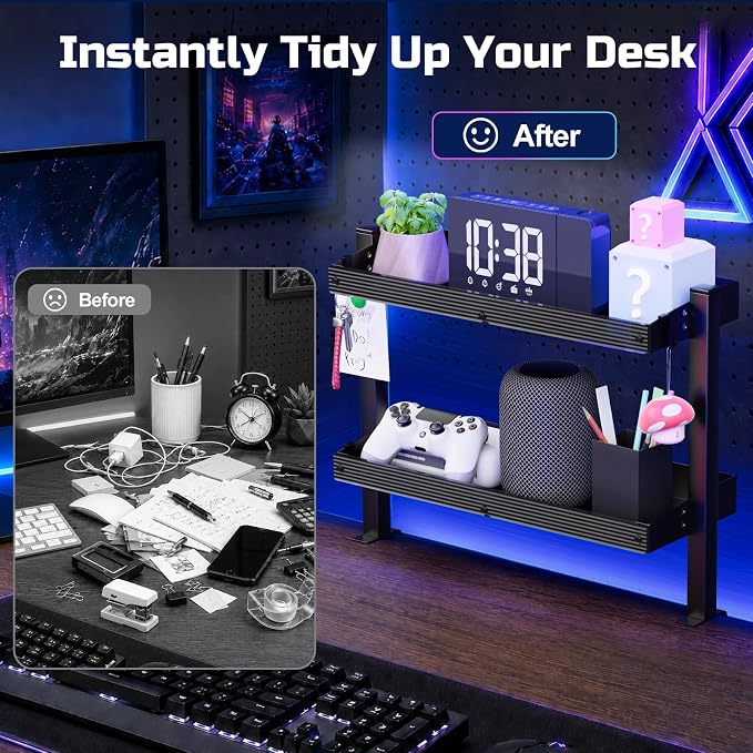 17 inch Adjustable 2-Tier Clamp On Desk Shelf with Hooks | Heavy Duty, Holds 44 lbs, No Drill, for Home Office, Gaming & Desk Organizer - Image 3
