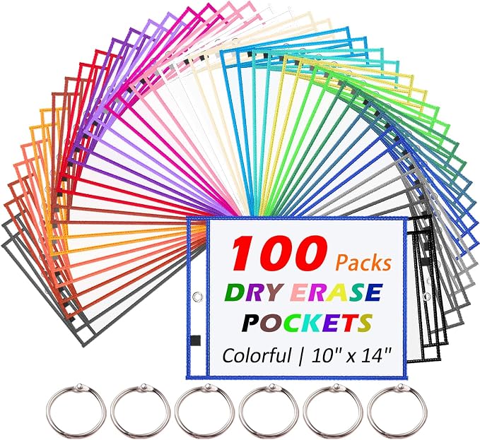 Oleitodh 100 Packs Oversized Reusable Dry Erase Pocket Sleeves with 6 Rings, 20 Assorted Colors 10x14 Ticket Holders, Clear Plastic Sheet Protectors, Teacher School Classroom Supplies - Image 9