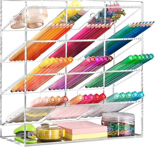 BEYGORM Acrylic Vertical Marker Organizer for 150 Markers, Desk Orgaizer | 13 Compartments Clear Angled Pen & Pencil Holder, Large Stationery & Art Supply Storage for School (10.2 x 9.8 x 4 Inch) by BEYGORM
