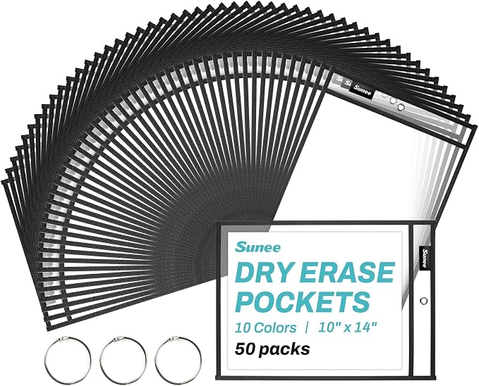 SUNEE 50 Packs Oversized Reusable Dry Erase Pocket Sleeves with 3 Rings, Black 10x14 Ticket Holders, Clear Plastic Sheet Protectors, Teacher School Classroom Supplies by SUNEE