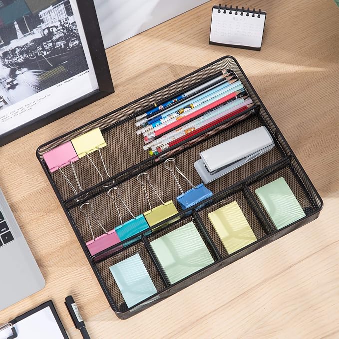 Amazon Basics Mesh Desk Drawer Organizer with 6 Compartments, Non-Slip Office Supplies Storage for Pens and Accessories, Black | Pack of 4 - Image 6