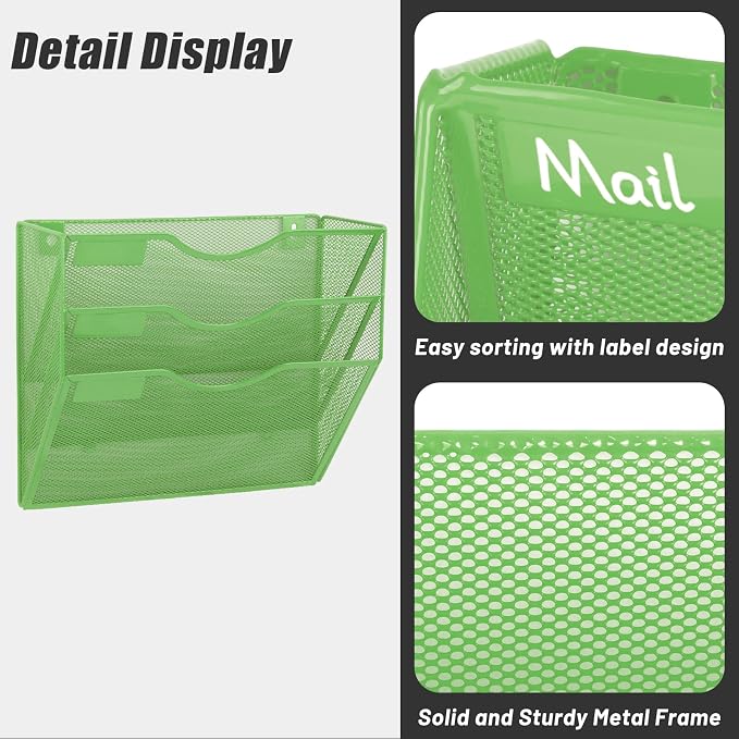 3 Pocket Mesh Hanging Wall File Organizer, Wall Mounted Mail Paper Document Folder Holder, Clipboard Storage Organization Magazine Rack with Nametag Label for Office Home School, Green - Image 5
