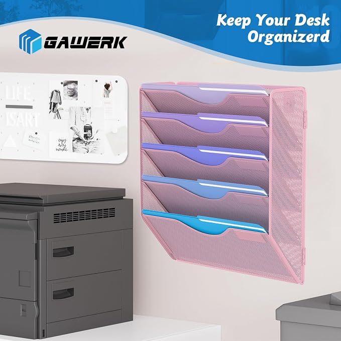 Gawerk 5 Tier Hanging Wall File Organizer, Mesh Mail Paper Orgnization Hanging File Folder Holder for Home Office, Pink - Image 7