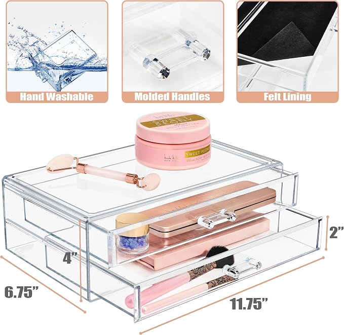 Sorbus Stackable Acrylic Drawers - 2 Clear Storage Drawers for Organizing Make up Palettes, Nail Polish, Hair Accessories, Cosmetics & Beauty Supplies - Makeup Organizer for Vanity, Bathroom Organizer - Image 3