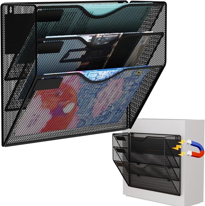 3-Tier Magnetic File Holder, No Drilling Wall File Organizer, File Folder Bins, Mail & Magazine Rack, Magnetic Paper Document Holder for Refrigerator File Cabinets Whiteboard, Black by GDINDINFAN