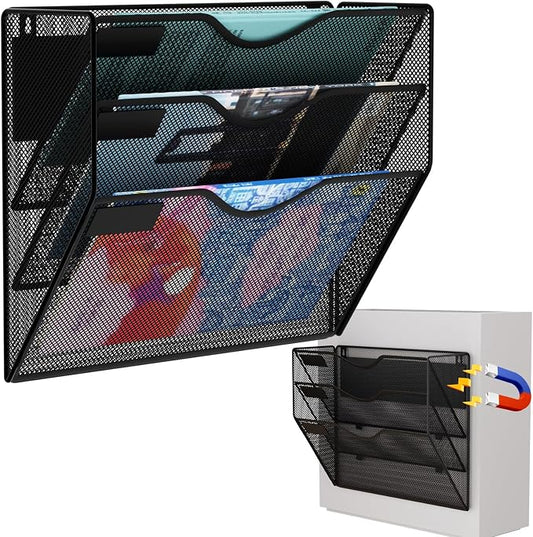 3-Tier Magnetic File Holder, No Drilling Wall File Organizer, File Folder Bins, Mail & Magazine Rack, Magnetic Paper Document Holder for Refrigerator File Cabinets Whiteboard, Black by GDINDINFAN