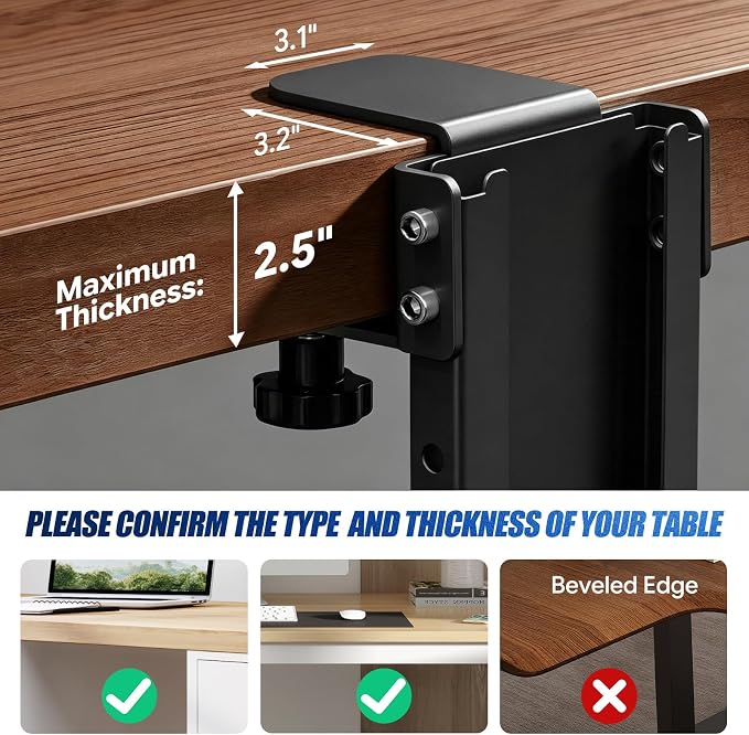 Adjustable Under Desk PC Mount, Heavy Duty No Drilling Clamp Mount on Desk Fits Most PC Tower 14.5”-22.4” (H) , Thickened & Ultra Strong CPU Holder for Standing Desk & Home Office, Black - Image 3