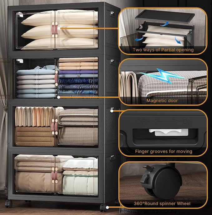 672QT Stackable Storage Bins with Lids,Doors & Wheels | Closet Organizers and Storage Cabinet, Lockable Plastic Foldable Drawers for Bedroom Dorm Office Garage（168QT*4,Black） - Image 6