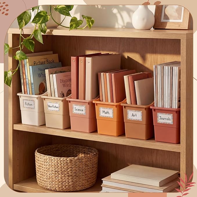 Blosssound 6 Set Book Bins for Classroom with Label Sticker Book Box Baskets Plastic Stackable Organizing Bins Storage & Organization for Classroom Library Home School Supplies (Earth Tones) - Image 4