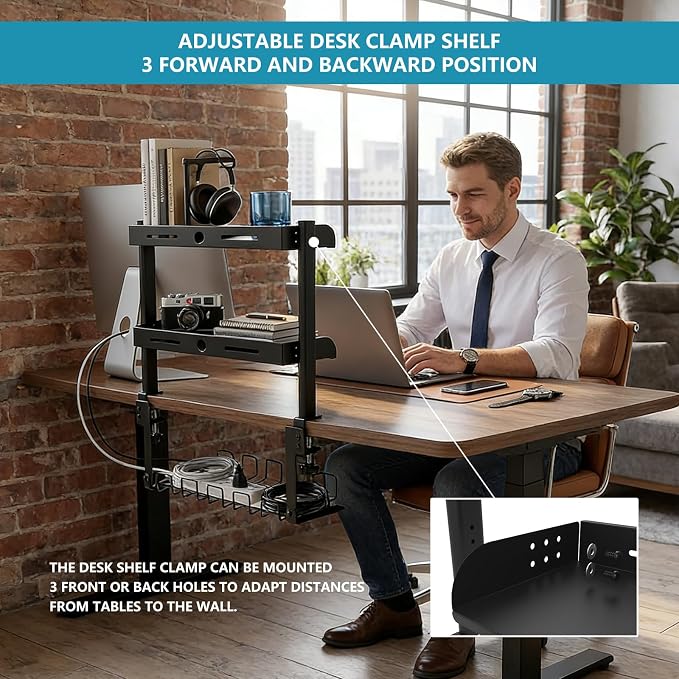 Clamp on Desk Shelf,3 Tier Desktop Organizer,Adjustable Clamp on Desk Top Organizer with Under Desk Hidden Storage Basket&Hooks,No Drilling Desk Clamp Storage Shelves for Working Gaming Accessories - Image 3
