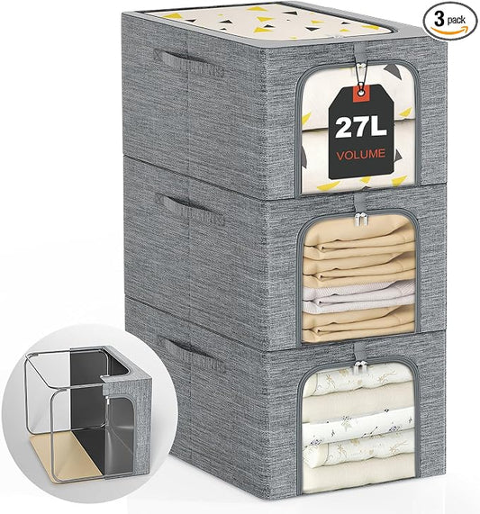 GoMaihe Baby Clothes Storage Bins with Metal Frame 27L 3-Pack Grey | Kids Toddler Child Clothing & Towels Small Items, Closet Top Shelf Boxes, Collapse-Proof Stackable, Clear Window Dual Access by GoMaihe