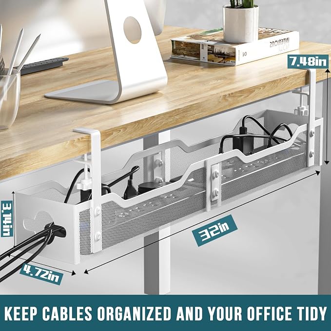 Under Desk Cable Management Tray 32'', Cable Management Under Desk No Drill, Cable Organizer with Clamp for Wire Management, Cord Organizer for Office, Home - No Damage to Table (White) - Image 2