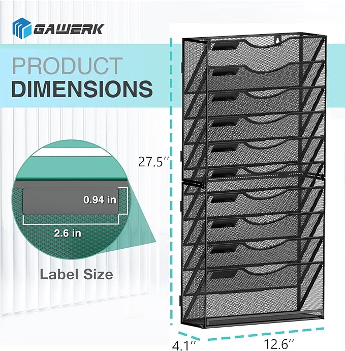 Gawerk 11-Tier Wall File Organizer Hanging Wall File Holder Wall Mount Paper Folder Organize, Mesh Magazine Document Mail Organizer Wall Organizer for Office School Home, Black - Image 2