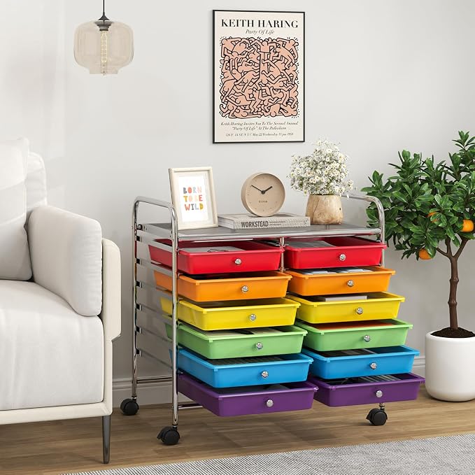 Giantex 12 Drawers Rolling Cart, Mobile Storage Drawer Cart, Classroom Organizer Cart for Office School Supplies Tools Scrapbook Paper Craft Small Printer, Utility Cart on Wheels, Multicolor - Image 2