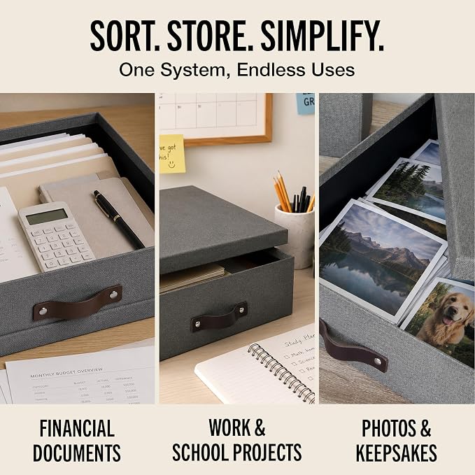 Bigso Box of Sweden Oskar Canvas Fiberboard Document Letter Box - File Organizer Box for Important Paperwork - Document Storage with a Lid & Handle - 3.3 in x 10.2 in x 13.8 in - 3 Pack - Grey - Image 6