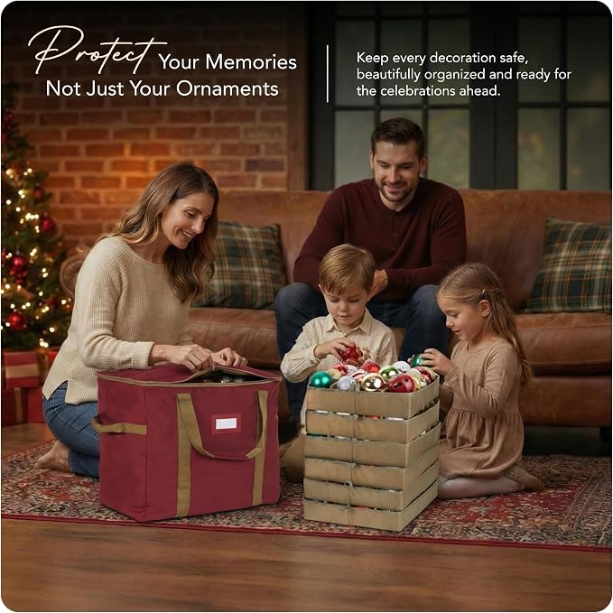Covermates Keepsakes Adjustable Ornament Storage Bag – Heavy-Duty Polyester, Padded Dividers & FlexGrid Trays – Protective Holiday Ornament Organizer with Handles & Label Window, Red - Image 2