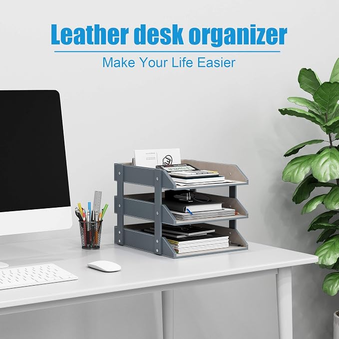 Leather Desk Organizer, Thipoten 3-Tier Stackable Letter Tray Holder for Office Supplies, Paper, File, Magazine, Perfect Office Organization for Desktop (Grey-3Tiers) - Image 4