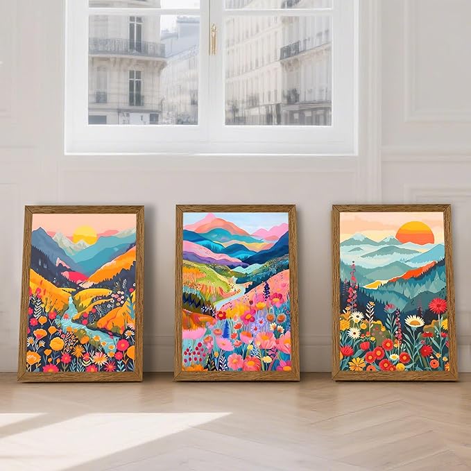 InspiredHues Colorful Mountain Boho Canvas Wall Art Set, 3 Piece Watercolor Flower Picture Wall Decor, Abstract Nature Landscape Artwork Prints for Living Room Bedroom Office 16x24 In Wood Framed