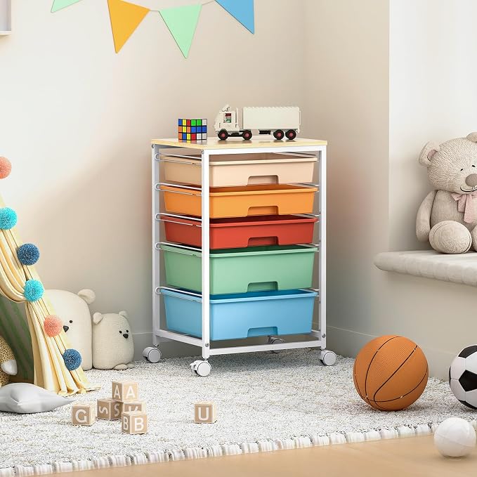 SYKIARIOL Utility Cart with Drawers,5 Drawers Storage Cart,Macaron | 5-Tiers Storage Cart with Drawers with Lockable Wheels for Craft Organizers and Storage,Home Office,Classroom,Dorm,Playroom - Image 10