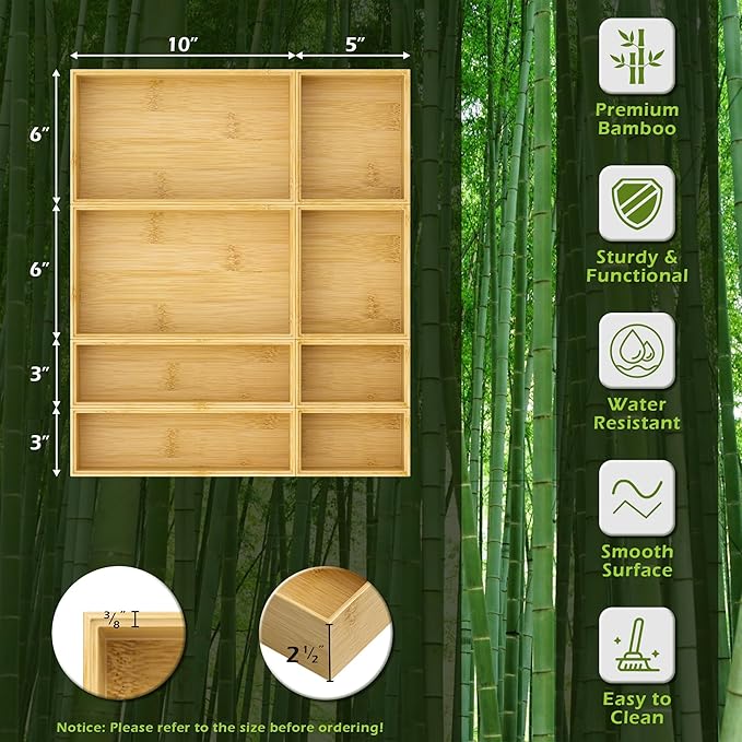 Bathroom Drawer Organizer Trays, Bamboo Silverware Drawer Organizer Kitchen Utensils, 8 PCS Wood Box Stackable Bins for Makeup, Office Desk, Vanity, Junk Drawer - Image 2