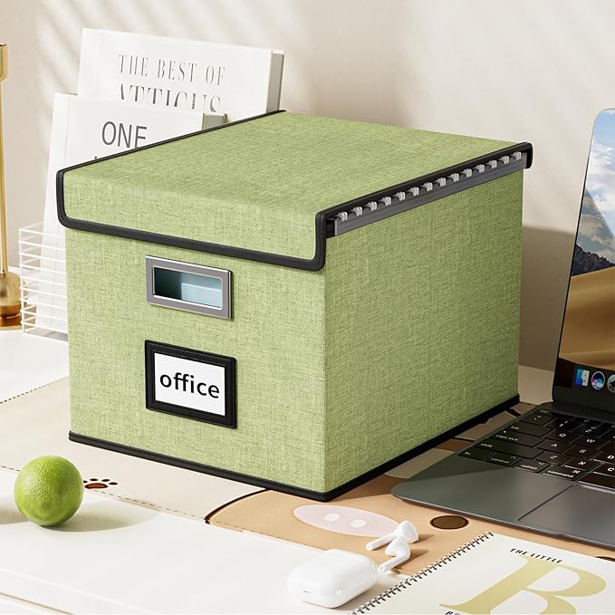 File Organizer Box with Lids, Collapsible File Folder Organizer | File Box with Plastic Slides for Office Document Storage, Filing Bin for Letter Size Hanging File Folders (1 Pack, Green) by Huolewa