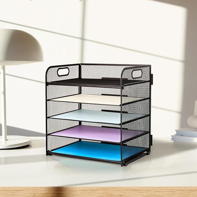 5 Trays Paper Organizer Letter Tray with Handle-Mesh Desk File Holders, Paper Sorter Desk Organizer for Office, Home, Classroom or School - Image 7