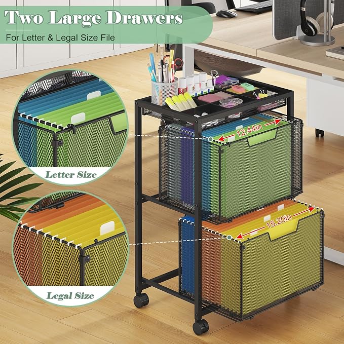Rolling File Cart with 2 Drawers, Under Desk Storage Cabinet with DIY Divider, Letter/Legal Mobile Filling Cabinet on Wheels, Hanging File Folders Organizer, Metal Utility Cart for Home Office, Black - Image 5
