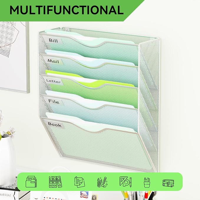 5 Pockets Hanging Wall File Organizer Mail Holder, Wall Mounted Paper Document Folder Holder, Clipboard Storage Organization Magazine Rack, Silver - Image 6