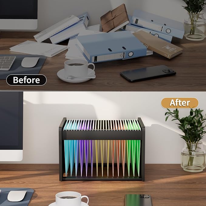 Bamboo Hanging File Organizer, Desktop File Box, Open Top, 1 Pack, Black | Open-Top Access, 2 Hanging Folders Included, Letter & Legal Files, Sliding Rails, Reinforced Handles, Easy Assembly - Image 3