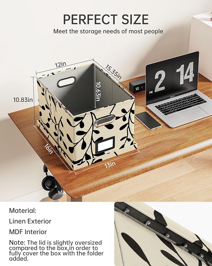 2 Pack File Storage Organizer, Document Organizer, Portable File Box with Lid, Fit for Letter/Legal File Folder Storage,Leaf Black/Cream-Box only - Image 2