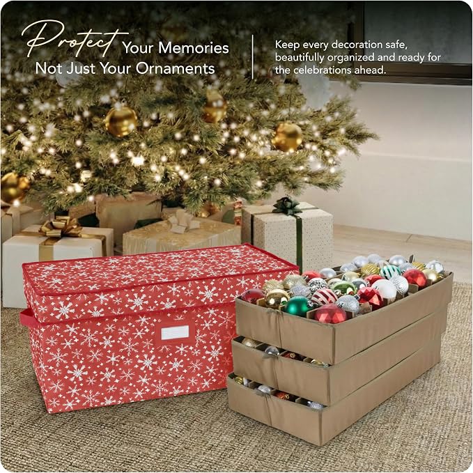 Covermates Keepsakes Adjustable Ornament Storage Box – Heavy-Duty Polyester, Padded Dividers & FlexGrid Trays – Protective Holiday Organizer with Stackable Walls & Label Window, Red Snowflake - Image 2
