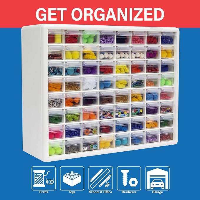 Akro-Mils 64-Drawer Plastic Drawer Storage Cabinet for Garage Organization, Bead Organizer, Building Bricks Storage, Teacher Toolbox, Makeup Organizer, 20" W x 6" D x 16" H, 10164 White | Plastic Cabinet w/ Drawers for Garage Organization, Beads, Build... - Image 3
