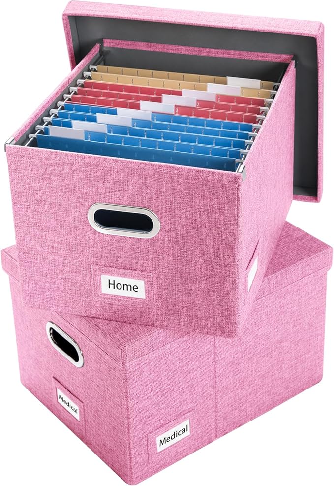 File Organizer Box - Set of 2 Collapsible Decorative Linen Filing Storage Hanging File Folders with Lids Office Cabinet Letter/Legal Size Pink (17x14x11.2 inch) by Prandom