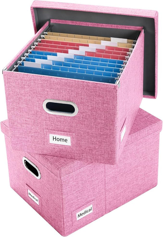 File Organizer Box - Set of 2 Collapsible Decorative Linen Filing Storage Hanging File Folders with Lids Office Cabinet Letter/Legal Size Pink (17x14x11.2 inch) by Prandom