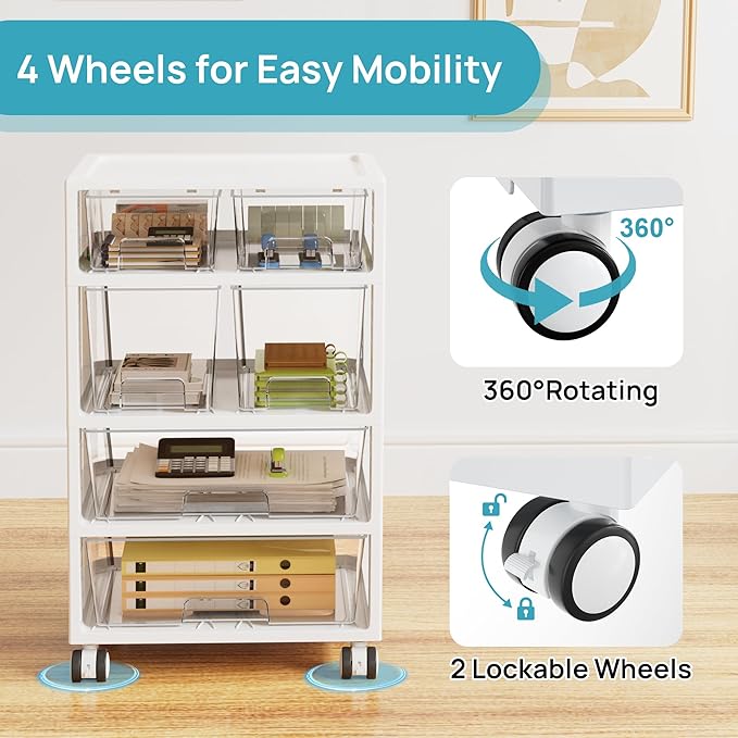 Vtopmart Drawer Storage Organizer,4 Tier 6 Drawers with Wheels, Clear | Clear Drawers with Multiple Sizes Keep Supplies Visible. Sturdy for Bathreoom, Office, Under Desk, Crafts & Art Storage. - Image 5