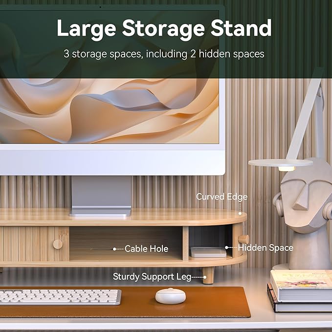 Bamboo Monitor Stand with Storage, 25 Inch Desk Shelf Riser | Curved Computer Laptop Stand Desk Shelf Organizer with Sliding Doors for 47-55 Inch Desk - Image 4