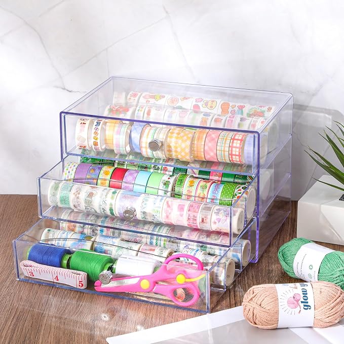 Wonderjune 1 Pack 3 Drawer Washi Tape Organizer Plastic Washi Tape Storage Cube Organizer Box 10 x 7 x 6.8 Large Capacity Clear Storage Drawer Holder for Art Craft Embellishments Jewelry Makeup - Image 5