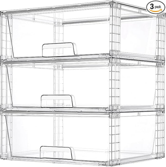 Vtopmart 3 Pack Large Clear Stackable Storage Drawers for Closet, Pantry | Easily Assemble Bathroom Closet Undersink Organizers,Plastic Bins for Cabinet,Kitchen Pantry,Medicine Organization by Vtopmart