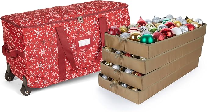Covermates Keepsakes Rolling Adjustable Ornament Storage Bag – Heavy-Duty Polyester, FlexGrid Trays & Padded Dividers – Protective Holiday Organizer with Wheels, Handles & ID Window, Red Snowflake by Covermates