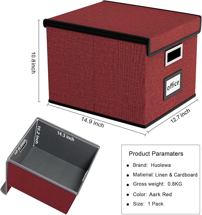 File Organizer Box with Lids, Collapsible File Folder Organizer | File Box with Plastic Slides for Office Document Storage, Filing Bin for Letter Size Hanging File Folders (1 Pack, Dark Red) - Image 5