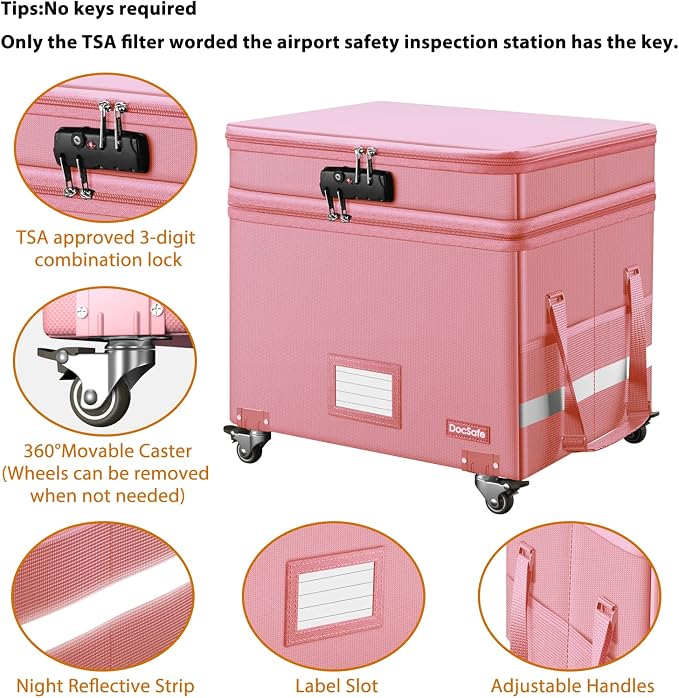 DocSafe File Box with Lock,2-Layer Fireproof Document Box with Wheels,Collapsible Rolling File Storage Organizer with Pockets,Large Portable Home Office Filing Cabinet Safe for Hanging Folders,Pink - Image 5