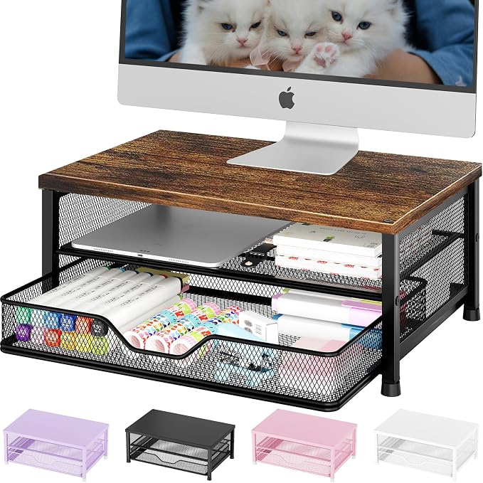 Computer Monitor Stand Riser, Desk Organizer with Drawer, Printer & Laptop Stand, Office Desk Accessories & Workspace Desktop Organizers Storage for Office Supplies(Brown) by OPNICE