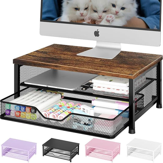 Computer Monitor Stand Riser, Desk Organizer with Drawer, Printer & Laptop Stand, Office Desk Accessories & Workspace Desktop Organizers Storage for Office Supplies(Brown) by OPNICE