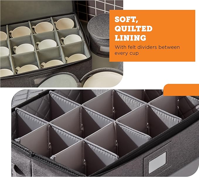 Cup & Mug Storage Case | Hard Shell Felt Dividers | Gray | Hard Shell Case Holds 12 Cups Or Mugs In 4x4 Felt Compartments. Stackable, Top-Load, Dual Handles. Also Fits Wine Glasses. - Image 5