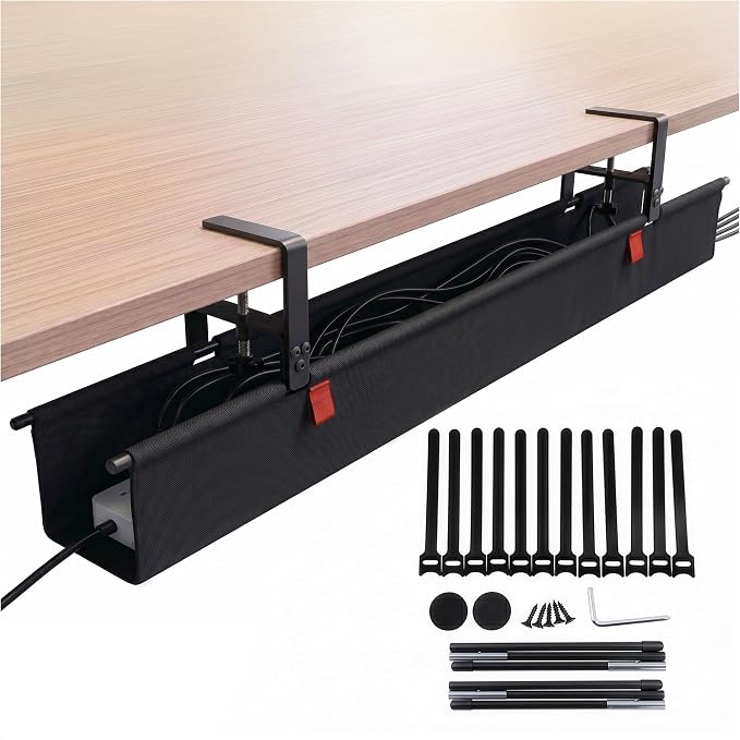 Under Desk Cable Management Tray 48" — No Drill Clamp-On Cord Organizer for Desk with Built-in Ties, Heavy Duty Metal Clamp, Foldable 600D Oxford Fabric for Home Office, WFH & Gaming PC Setup (Black) by Unknown