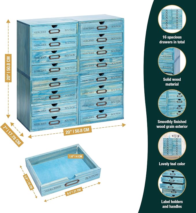 4-Pack Turquoise Countertop Organizer Drawers - Stackable 4-Drawer Mini Filing Cabinets for Desktop - 9.7x7x10in European Country Style Storage Drawers w/Label Holders, Fully Assembled - Image 3