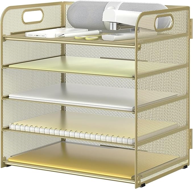 Sinboun Letter Tray Paper Organizer 5-Tier Desk Organizer File Organizer Paper Holder with Handle, Metal Desktop Document Shelf Tray Office Classroom Organization - Gold by Sinboun