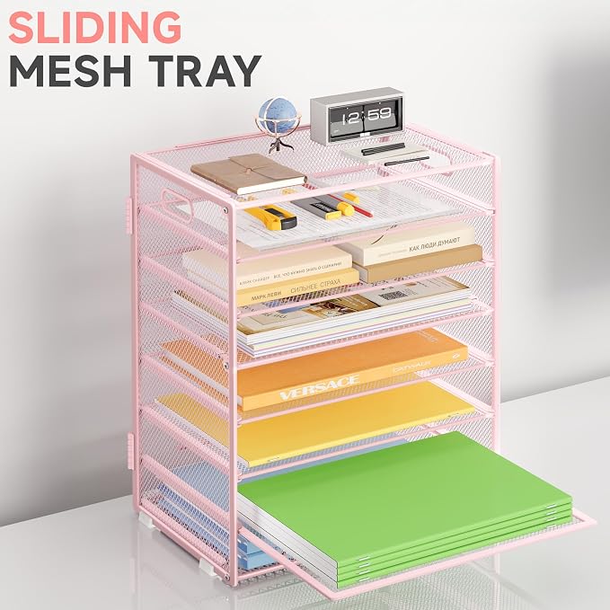 Paper Organizer with Handle Metal Mesh File Sorter Large Capacity Desk Organizers Paper Letter Tray Desktop Document Sorter for Office or Home2 Pack 8 Tier Pink Storage for Desk - Image 4