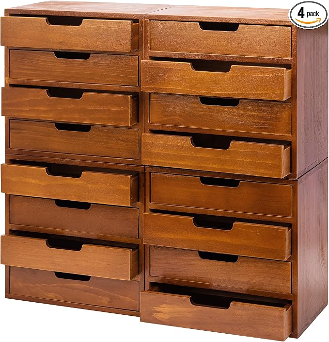 Stackable Modular 4-Pack 16 Drawer Desktop Storage Organizer in Modern Wood Design (20”x7”x 20”) Stackable Drawers For School Office - Crystals, Scrapbook Organization - Declutter Countertop by PrimoSupply