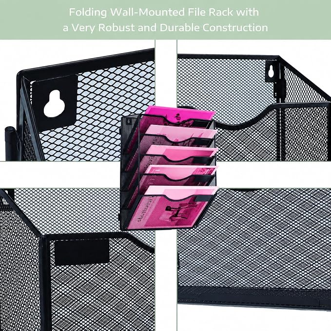 5 Pockets Mesh Wall File Holder Organizer Office Hanging File Folder Magazine Rack, Nametag Label Hooks Set Included (Black) - Image 3